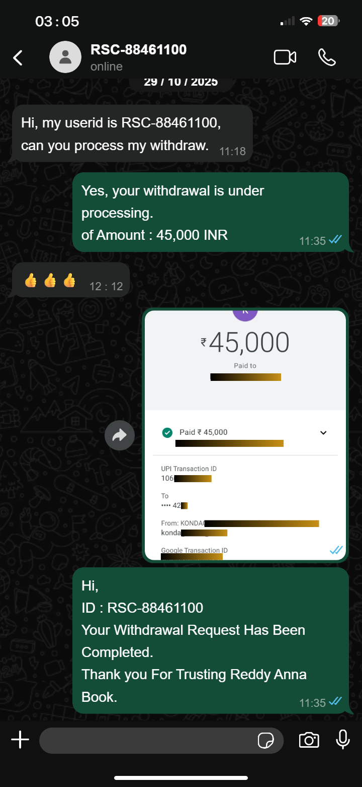 Reddy Anna Book ID Activation and Payment Proofs