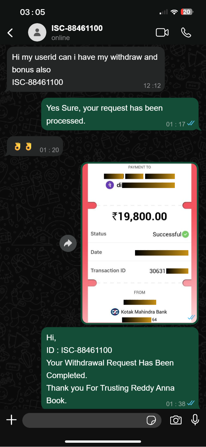 Reddy Anna Book ID Activation and Payment Proofs